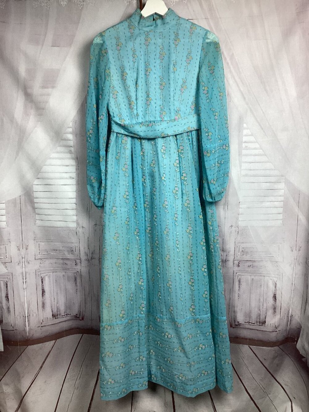 Vintage Lorrie Deb Dress 1960s Prairie Long Sleeve Blue Dress 3/4
